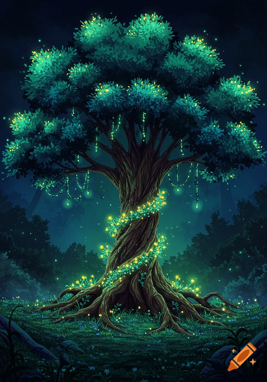 A large fantasy tree in a dark forest illuminated by glowing yellow lights.