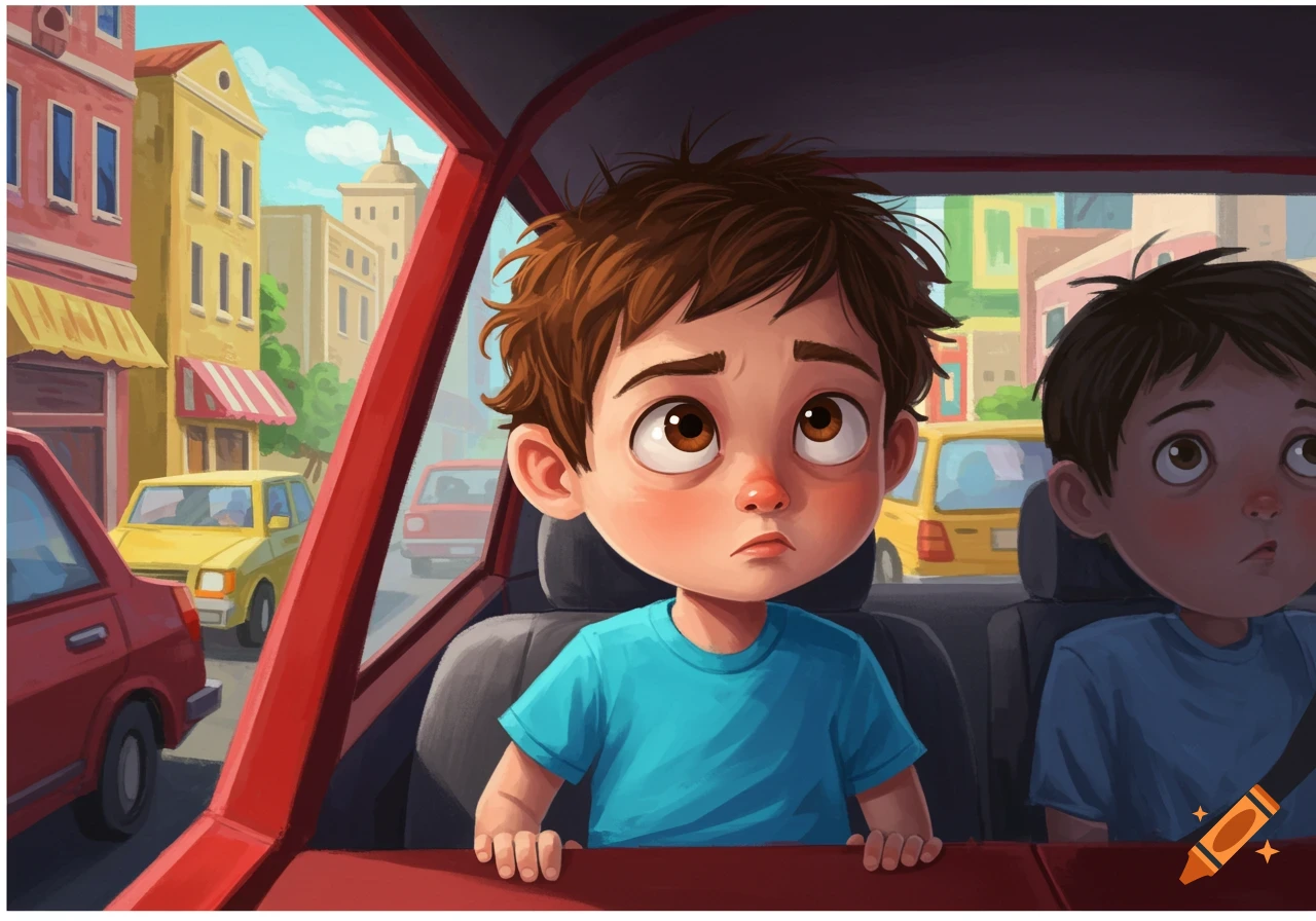 Illustration of two boys looking worried while sitting in a car stuck in traffic.