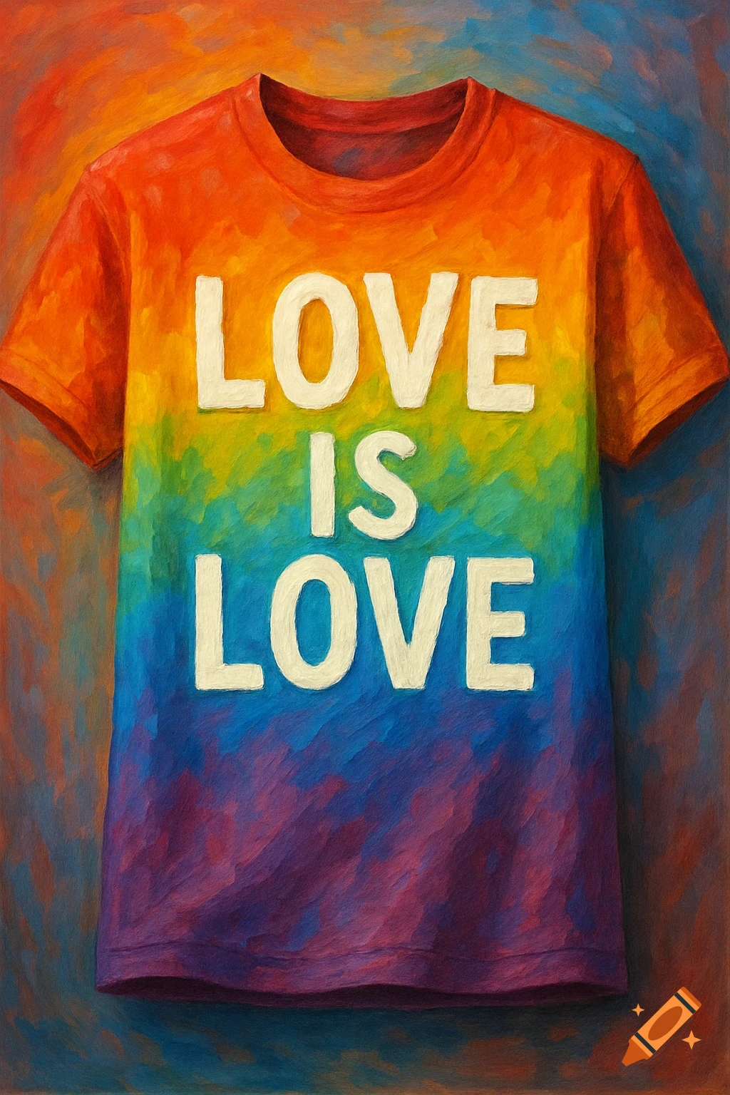 Rainbow t-shirt with 'LOVE IS LOVE' text, painted style