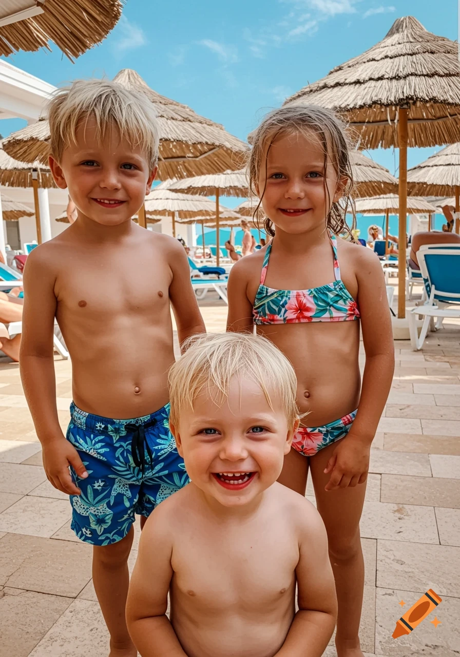 Three smiling blonde kids in swimwear at a sunny beach resort.