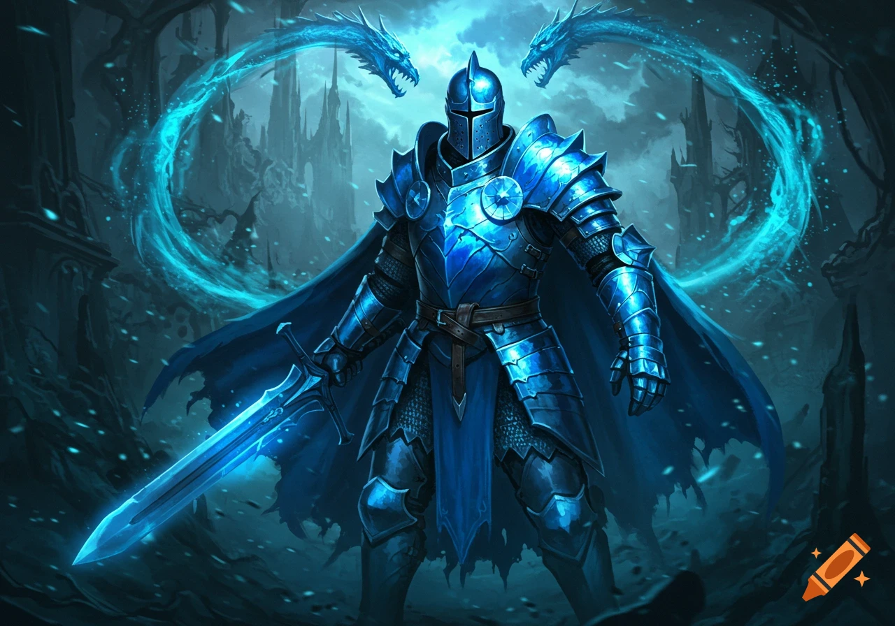 A blue armored knight with a glowing sword stands before two mystical blue dragons in a dark fantasy landscape.