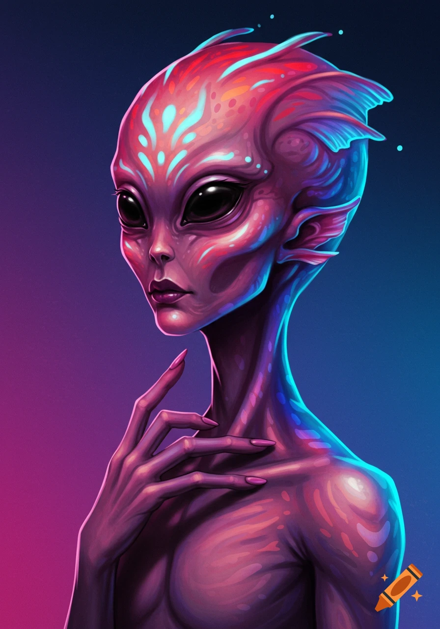 Portrait of a purple and pink alien with glowing markings in a sci-fi art style.
