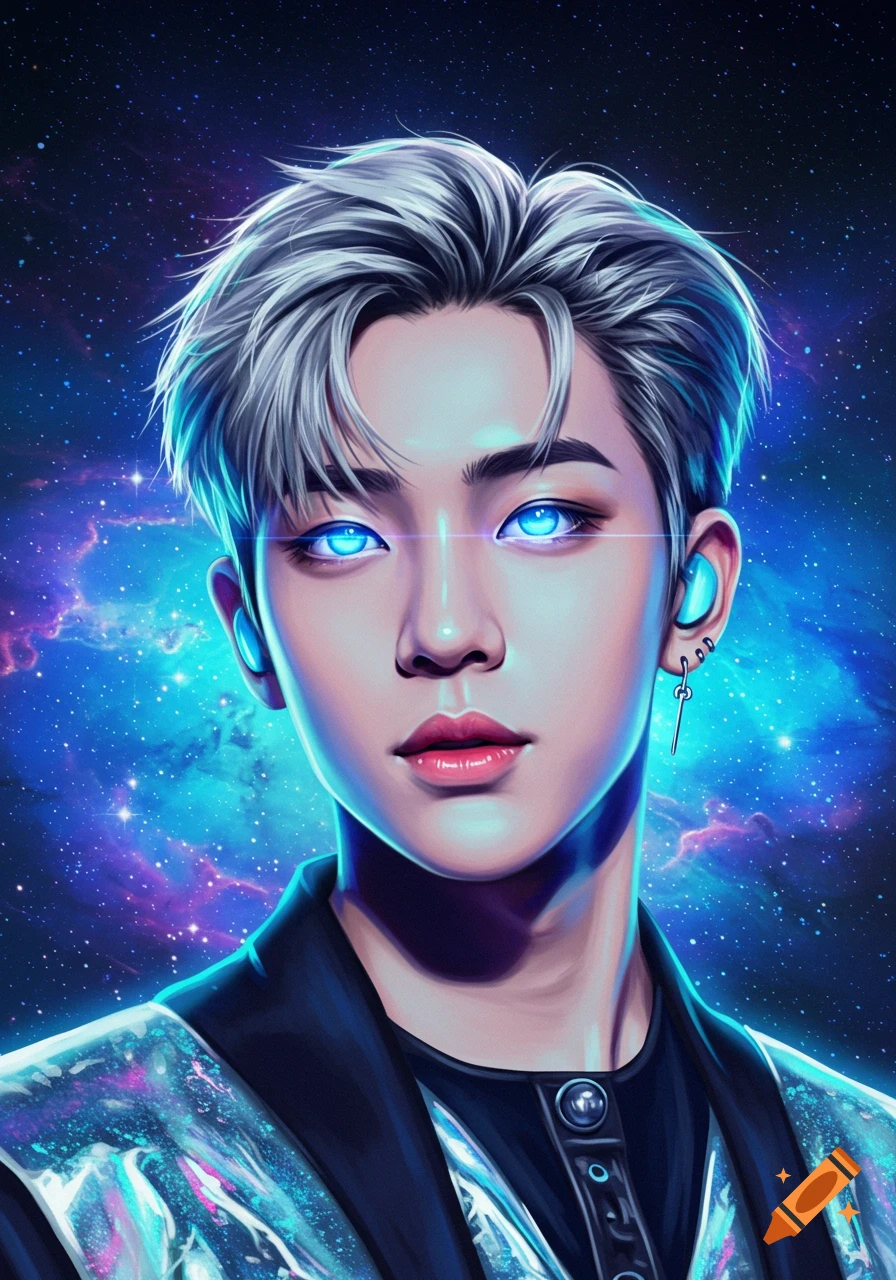 Stylized portrait of a boy with silver hair and glowing blue eyes against a starry space background.
