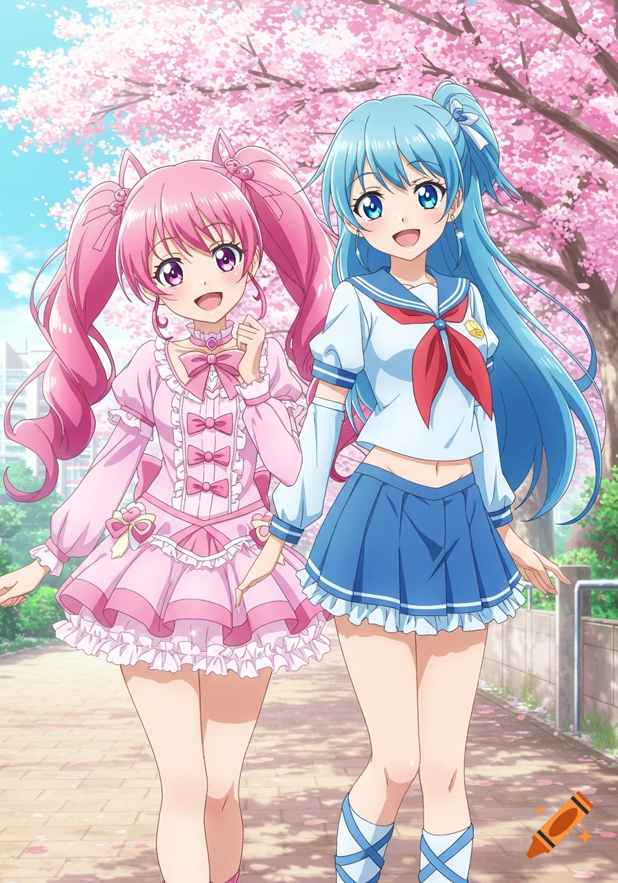 Two anime girls with pink and blue hair, wearing a pink dress and a school uniform, walking under cherry blossom trees.