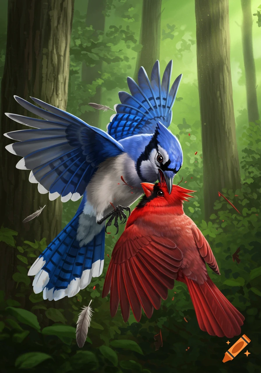 Blue jay attacks a cardinal in a forest clearing, scattering feathers and blood.