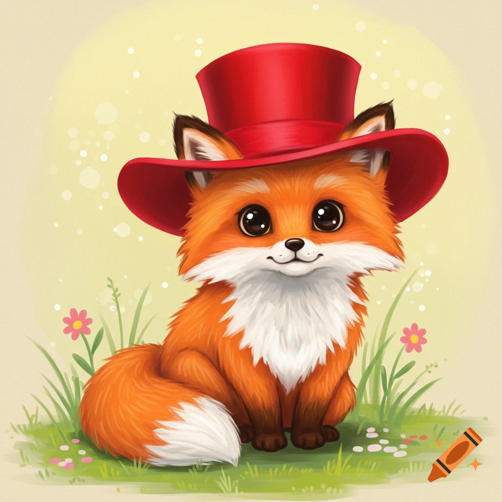 A cute cartoon fox in a red top hat sits in grass with flowers.