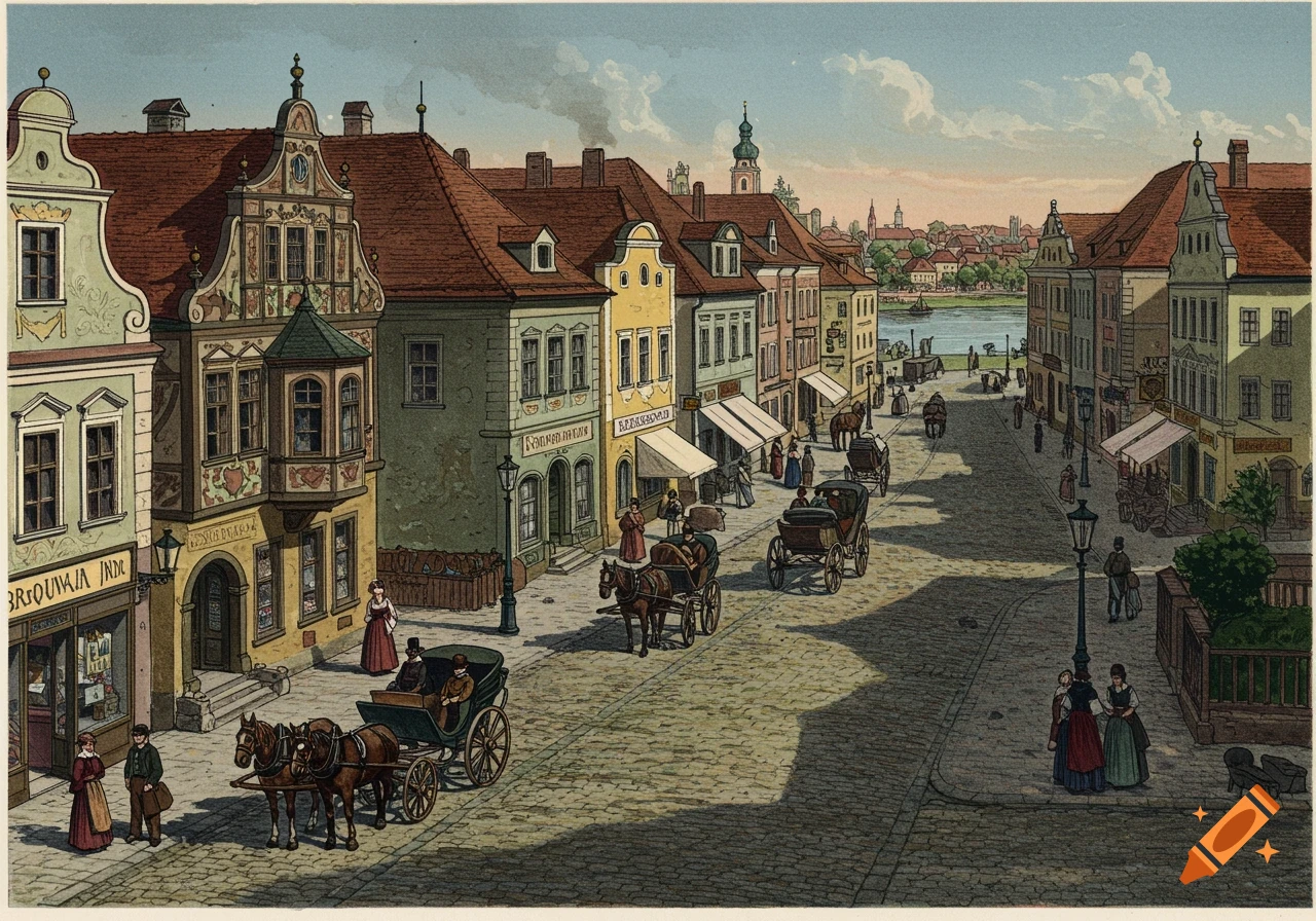 Historical illustration of a European town street with buildings, people, and horse-drawn carriages along a river