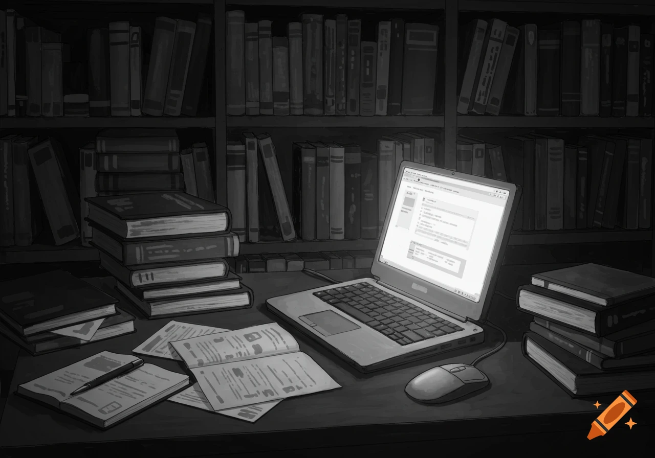 A desk with stacks of books, papers, a pen, a laptop, and a mouse, set against a backdrop of bookshelves in black and white.