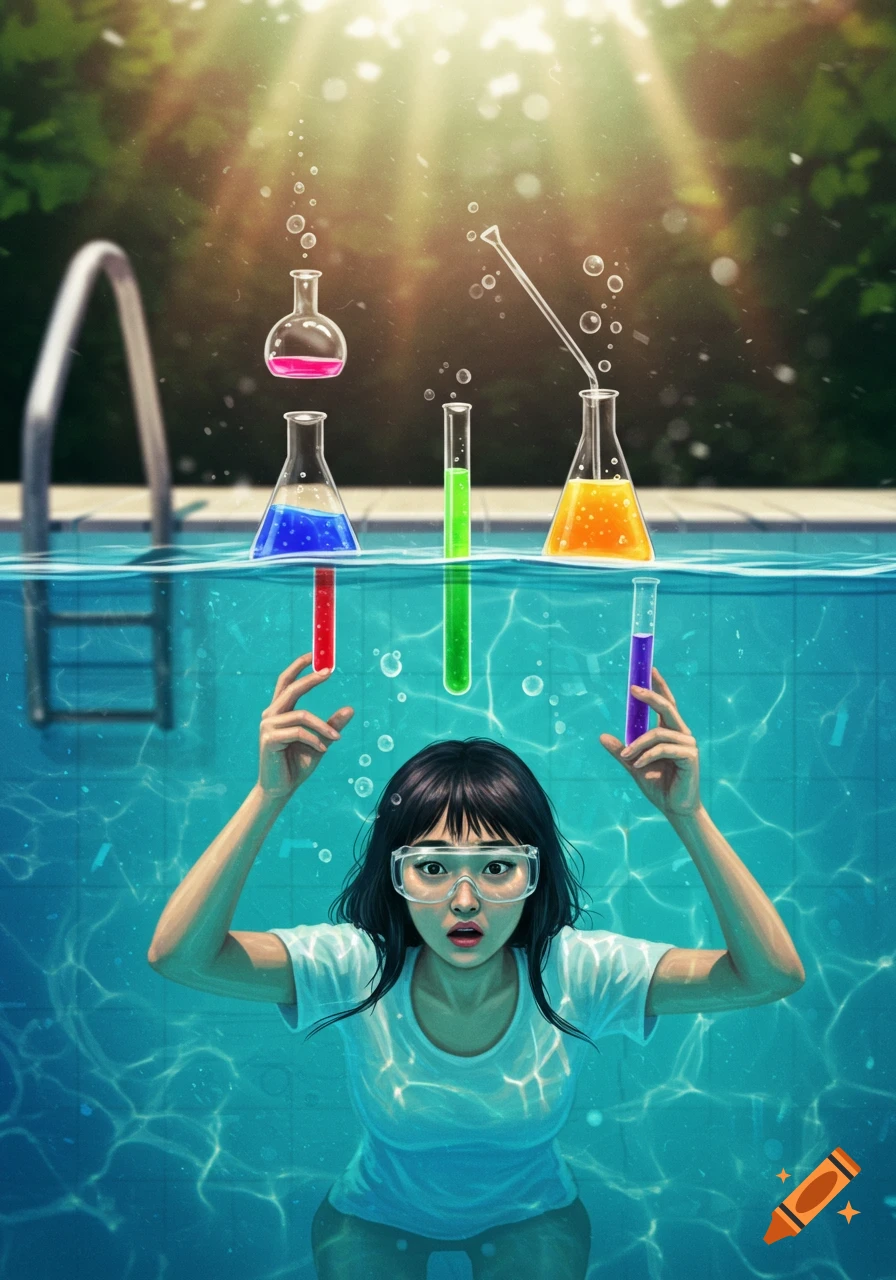 Woman holding chemistry equipment in a swimming pool