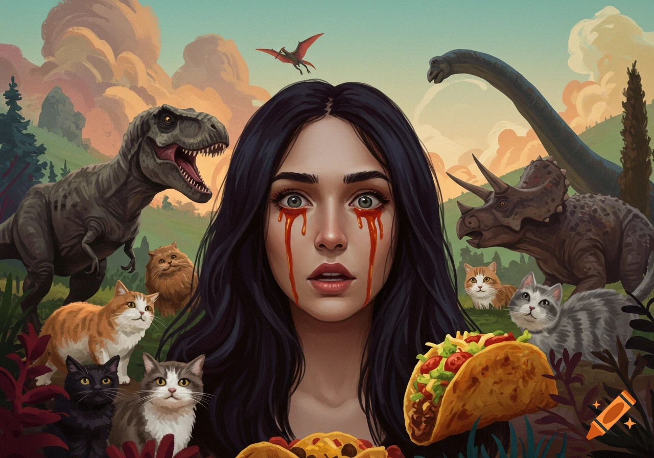 Woman with red fluid from eyes, surrounded by cats, dinosaurs, and a taco.