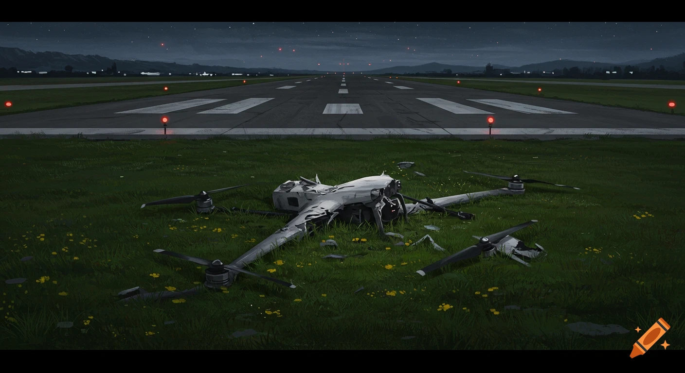 A damaged drone lays on grass next to an airport runway at night.