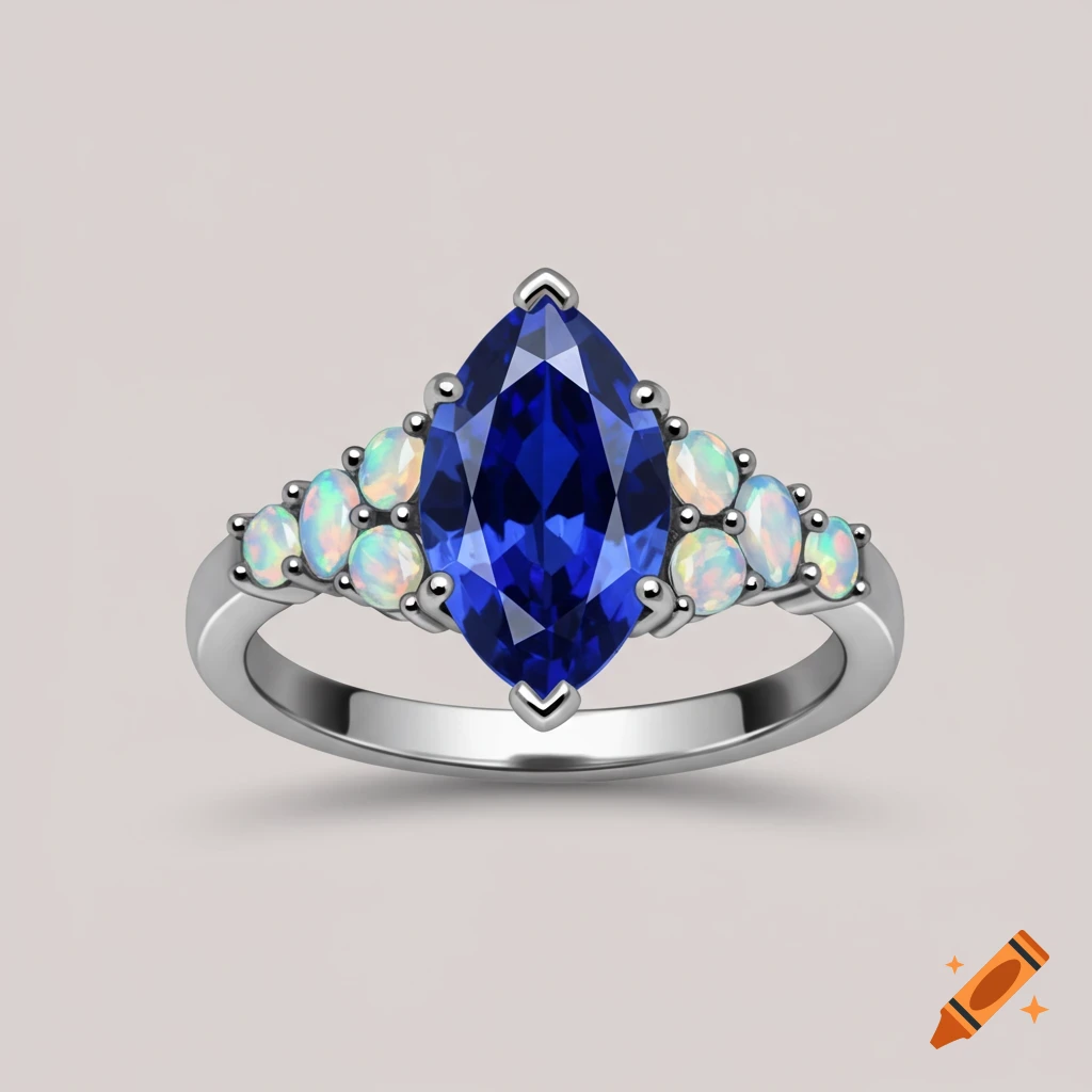 Marquise cut lab sapphire ring with opal accents on a silver band.