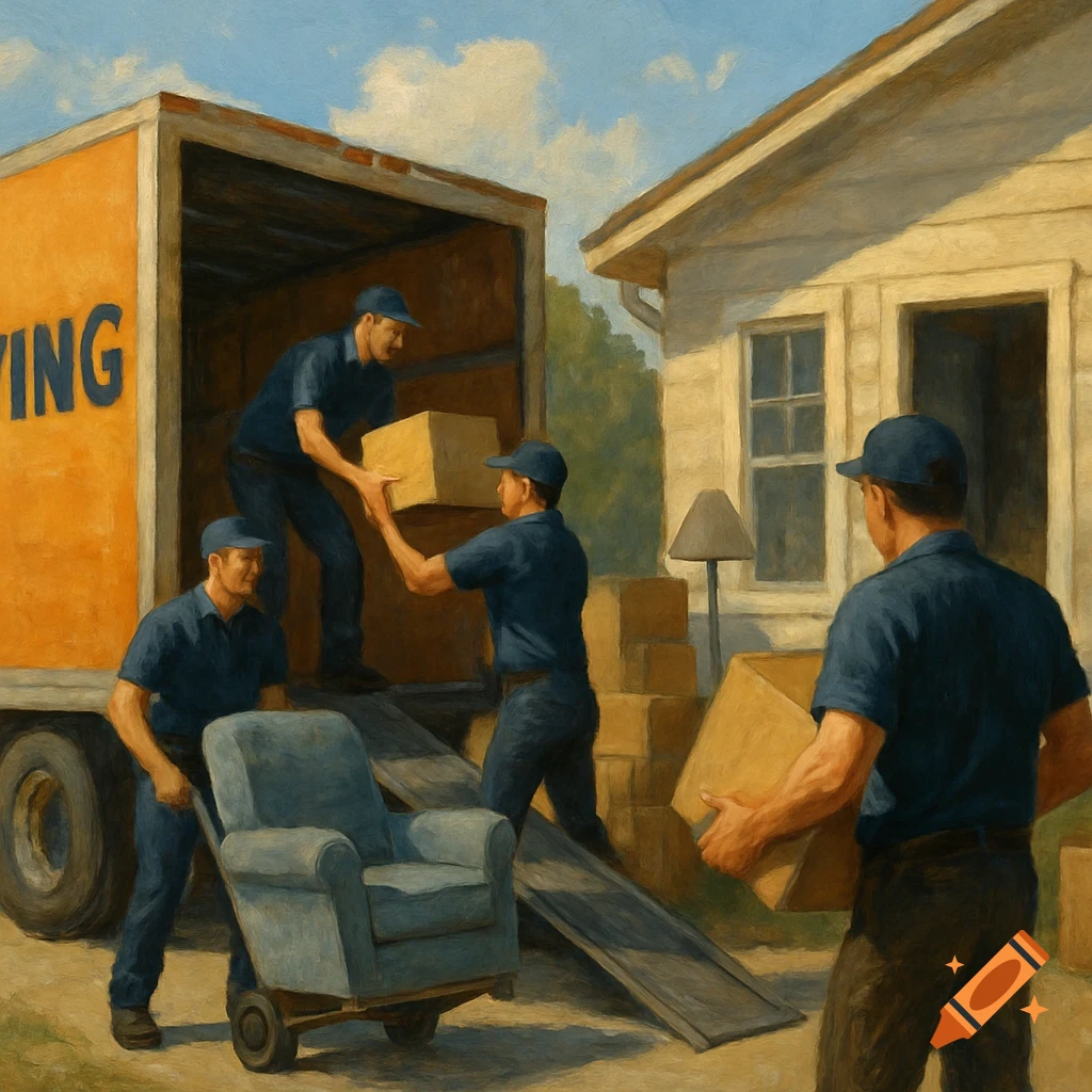 Men moving furniture and boxes from a house into a truck, painted style.