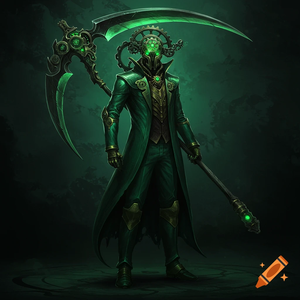 A mysterious figure in a green coat and clockwork mask holds a large green scythe in a dark, misty setting.