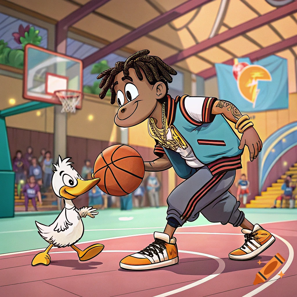 Cartoon boy playing basketball with a duck in a gym.