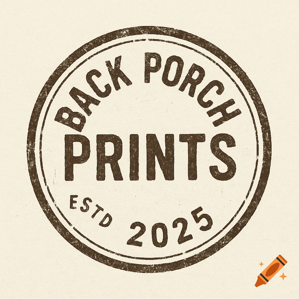 Rustic circular logo with text 'Back Porch Prints ESTD 2025'.