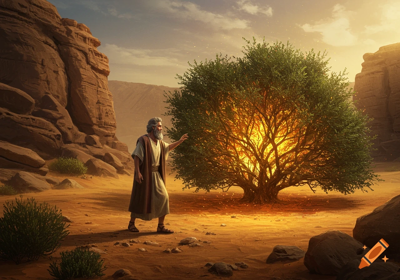 Moses stands before a burning bush in a desert landscape.