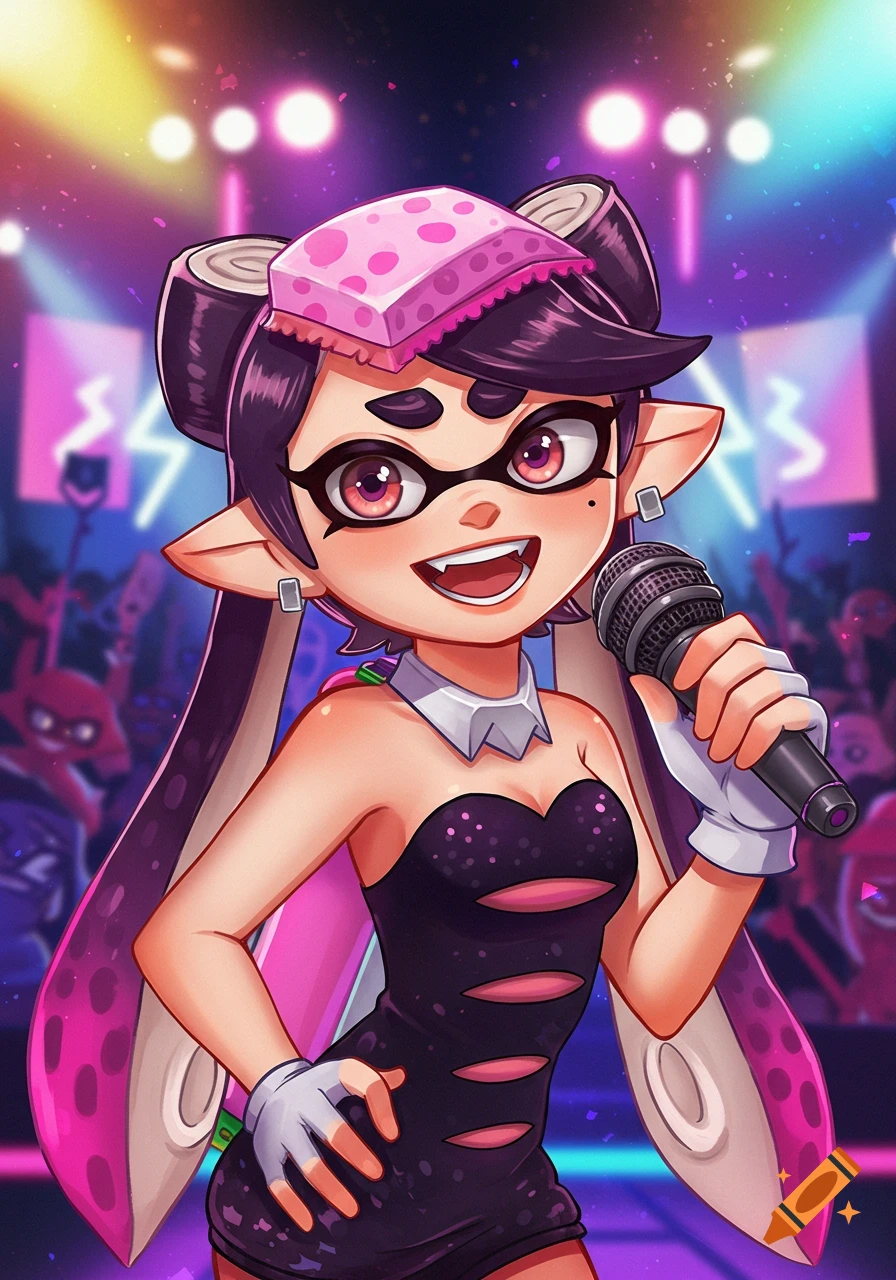 Callie from Splatoon sings on stage at a concert in a digital illustration.