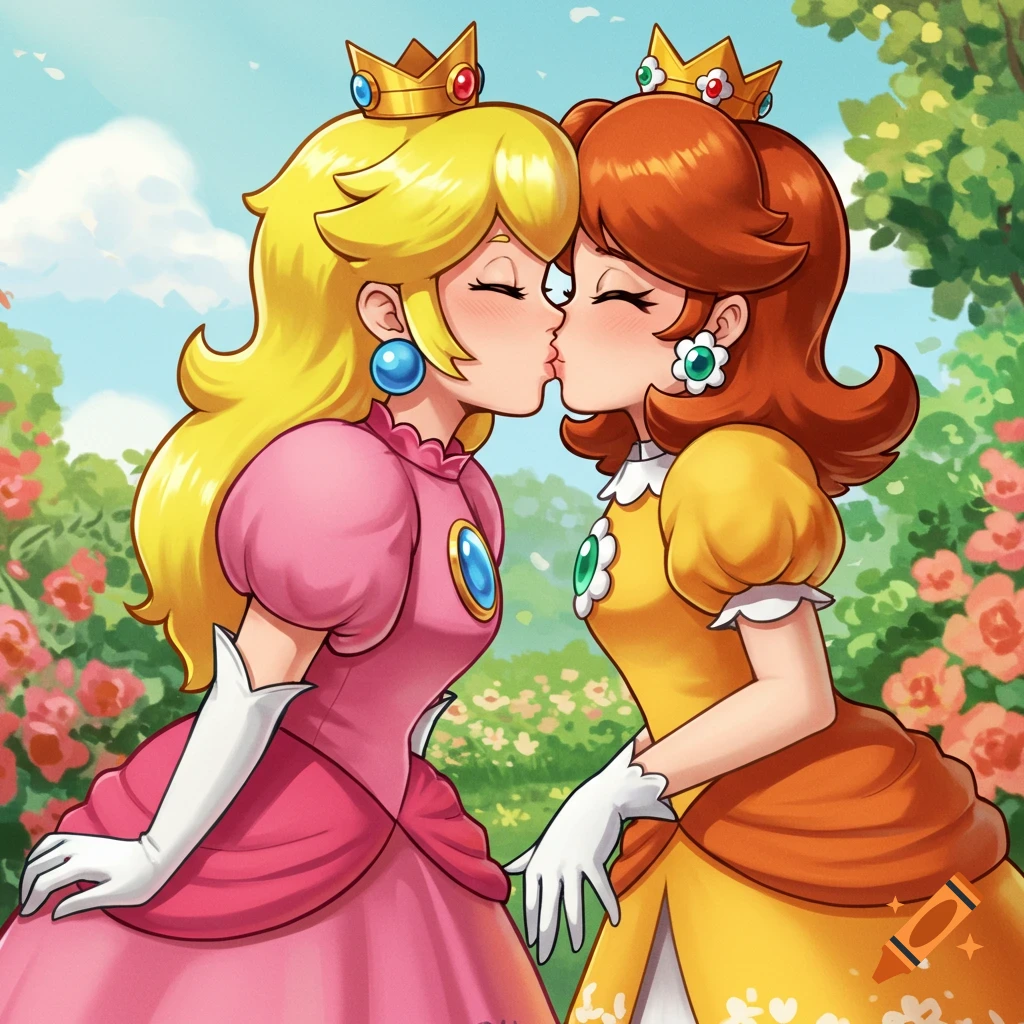 Princess Peach and Princess Daisy kiss in a flower garden in a cartoon style.
