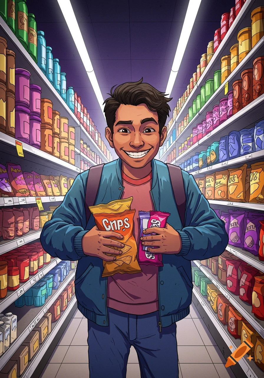 Illustration of a smiling person holding bags of snacks in a supermarket aisle.
