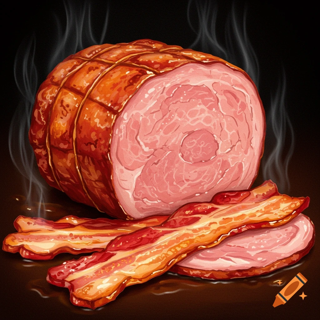 A detailed illustration of a cooked gammon joint and bacon slices with steam.