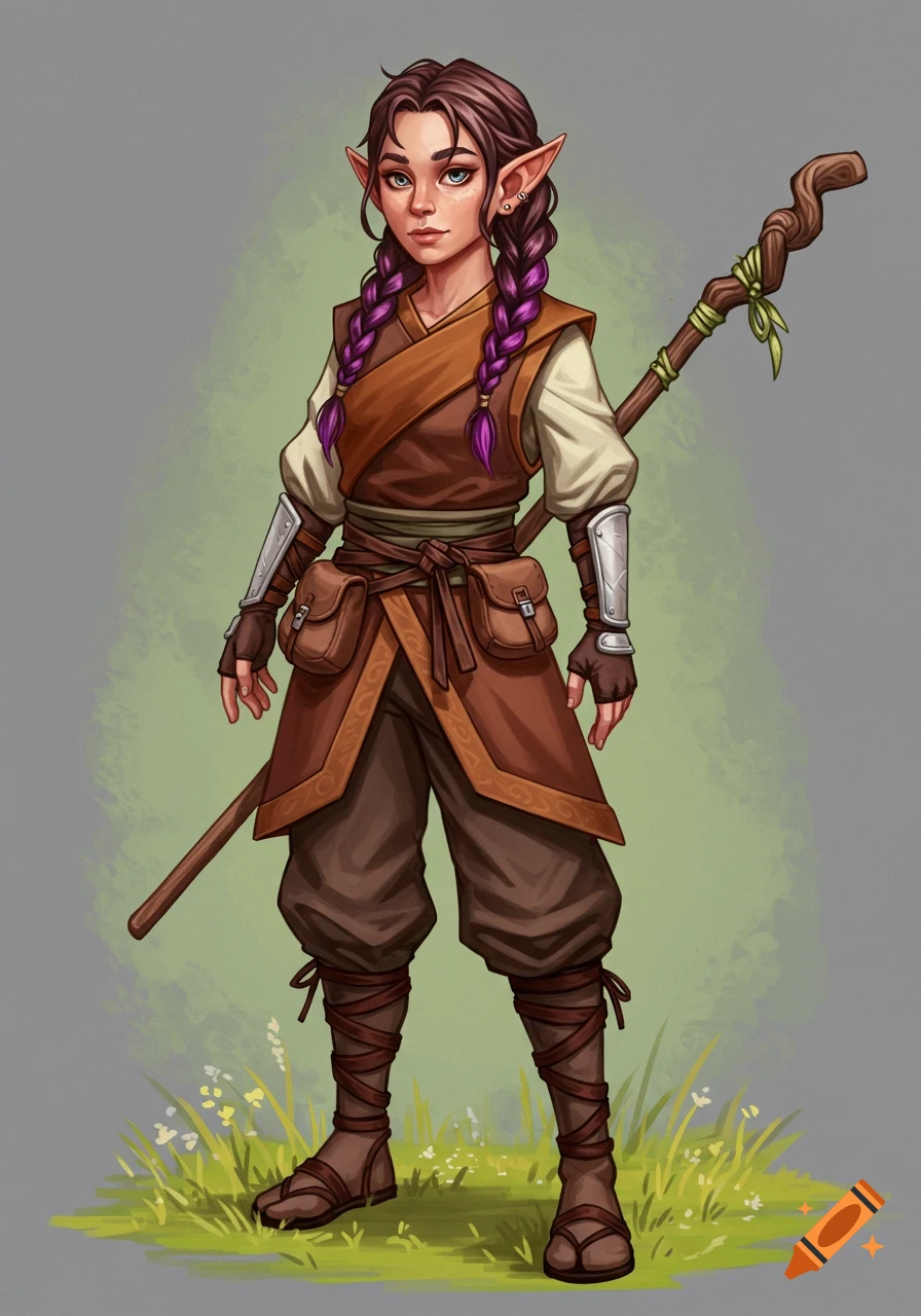 A fantasy illustration of a young woman with pointed ears, purple braids, dressed as a monk with a staff.