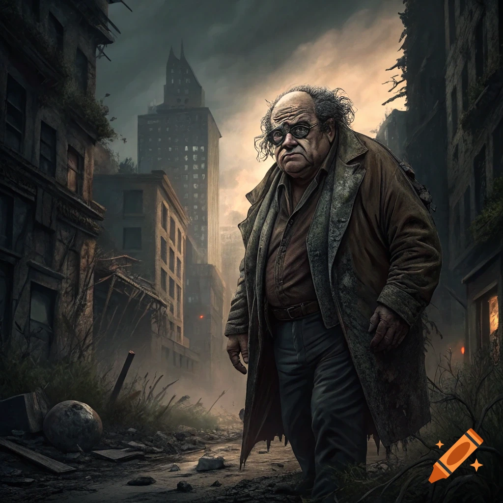 A man resembling Danny Devito stands in a ruined city street.