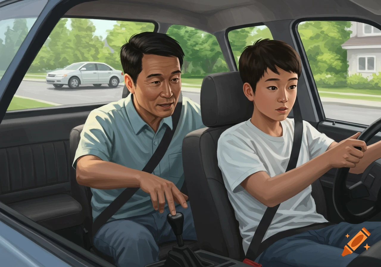 An Asian father teaches his son to drive a car