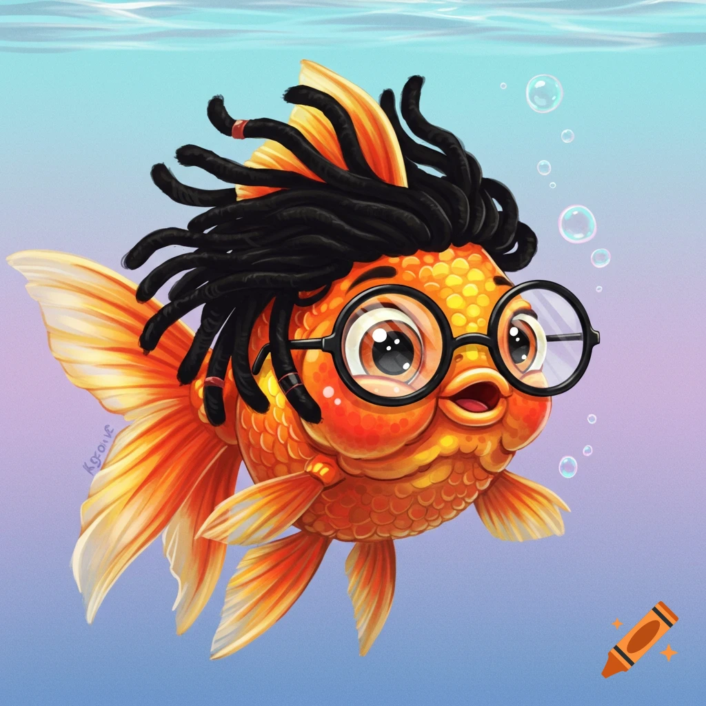 A cartoon goldfish with dreadlocks and glasses swims underwater.