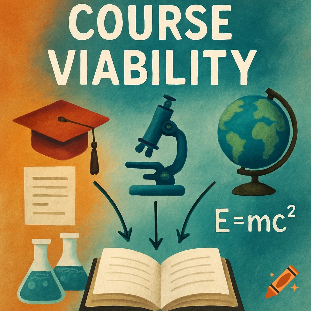Illustration of educational symbols: graduation cap, microscope, globe, book, flasks, E=mc², and the text COURSE VIABILITY