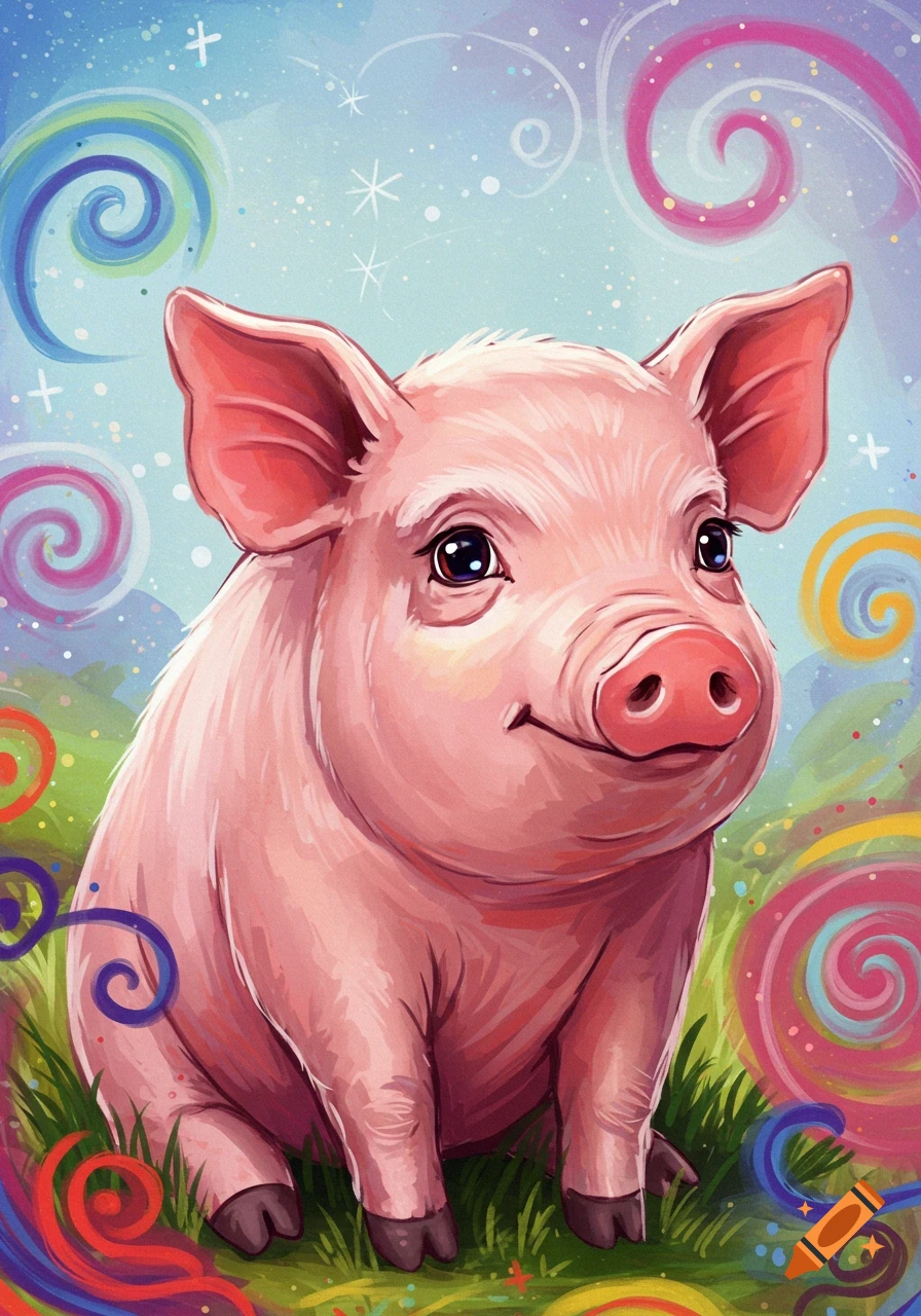 A pink cartoon pig sits in grass with colorful swirls in the background, illustration.