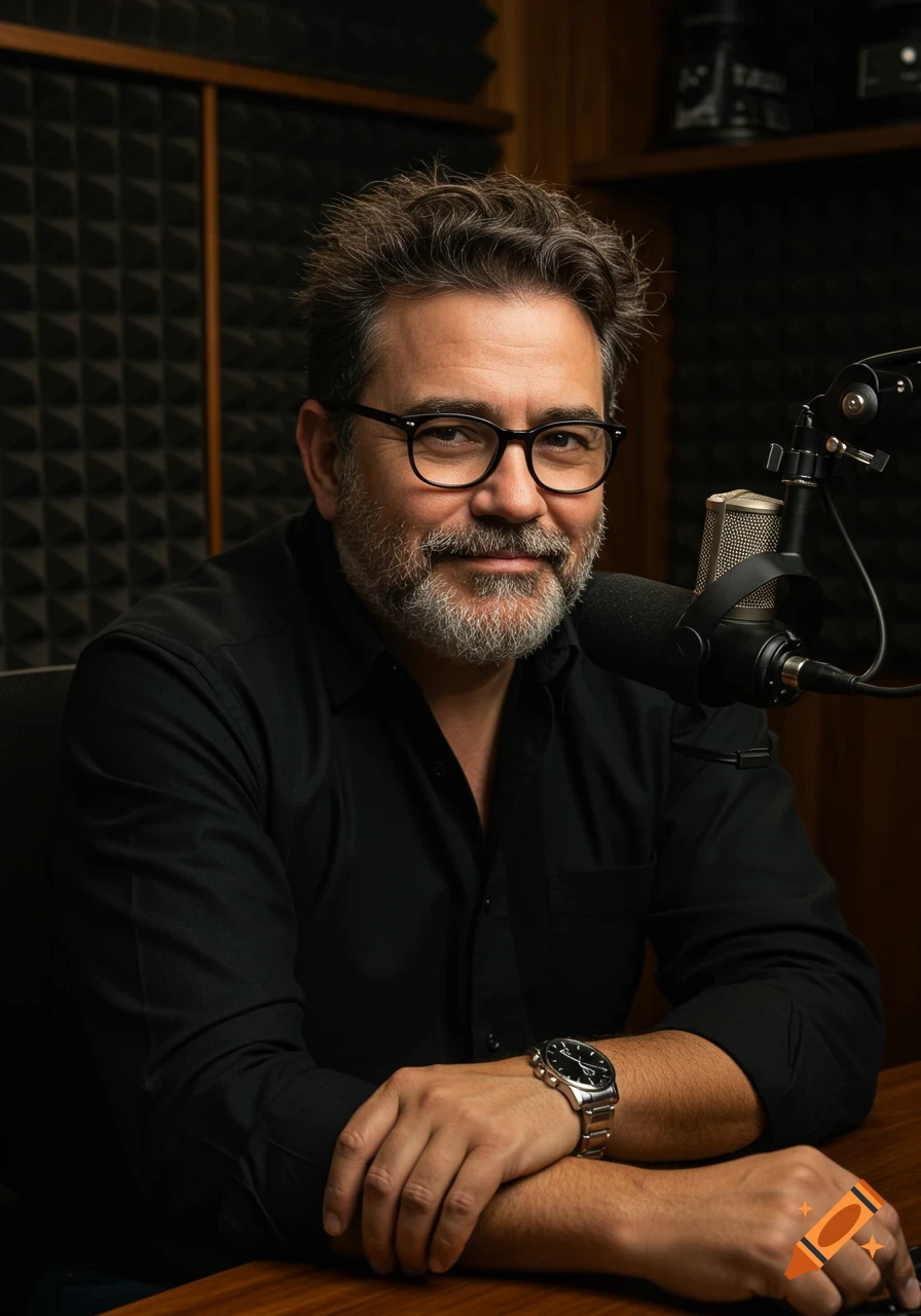 A middle-aged man with glasses and a beard sits at a table in a podcast studio with a microphone.