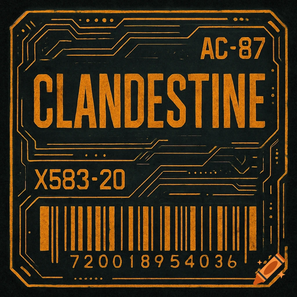 Cyberpunk style label with CLANDESTINE, codes, and barcode