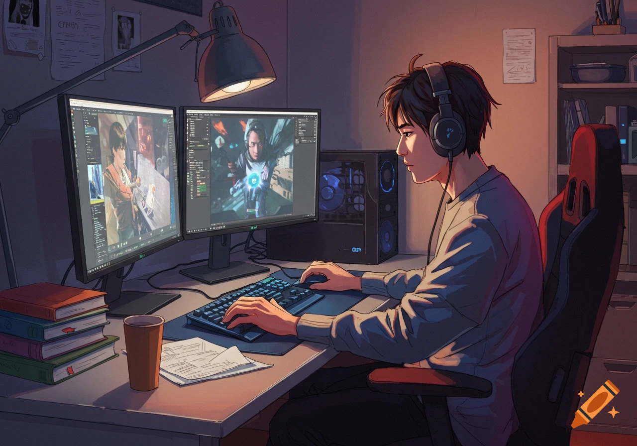 Anime illustration of a person with headphones at a computer desk with two monitors and keyboard.