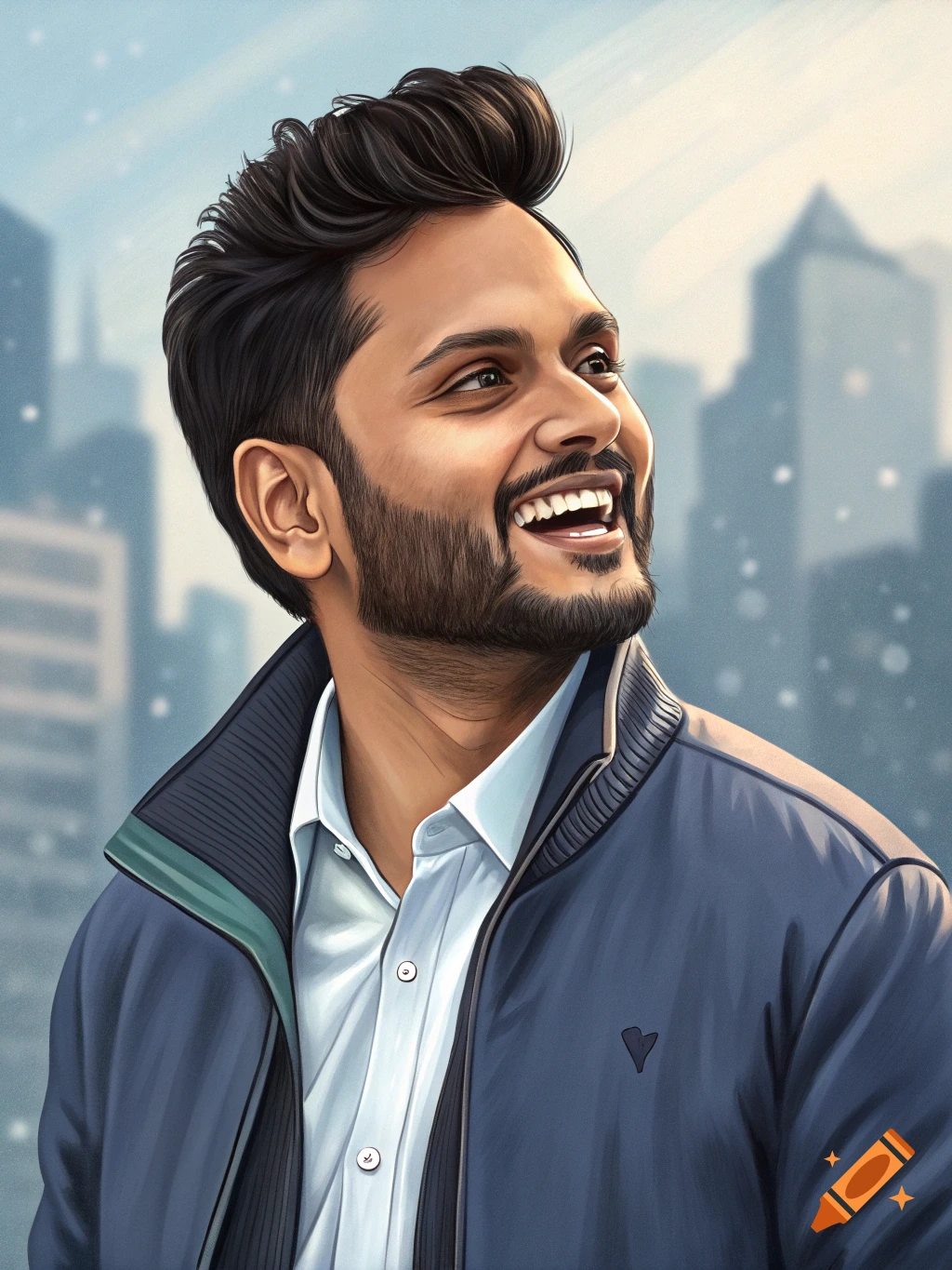 Stylized portrait of a smiling man with a beard and jacket looking up in front of a city skyline.