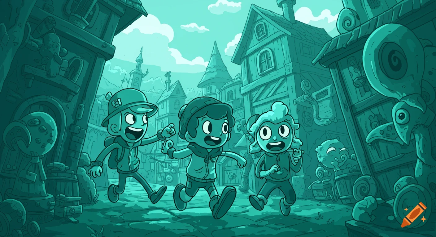 Three excited cartoon kids run through a teal-colored fantasy village.
