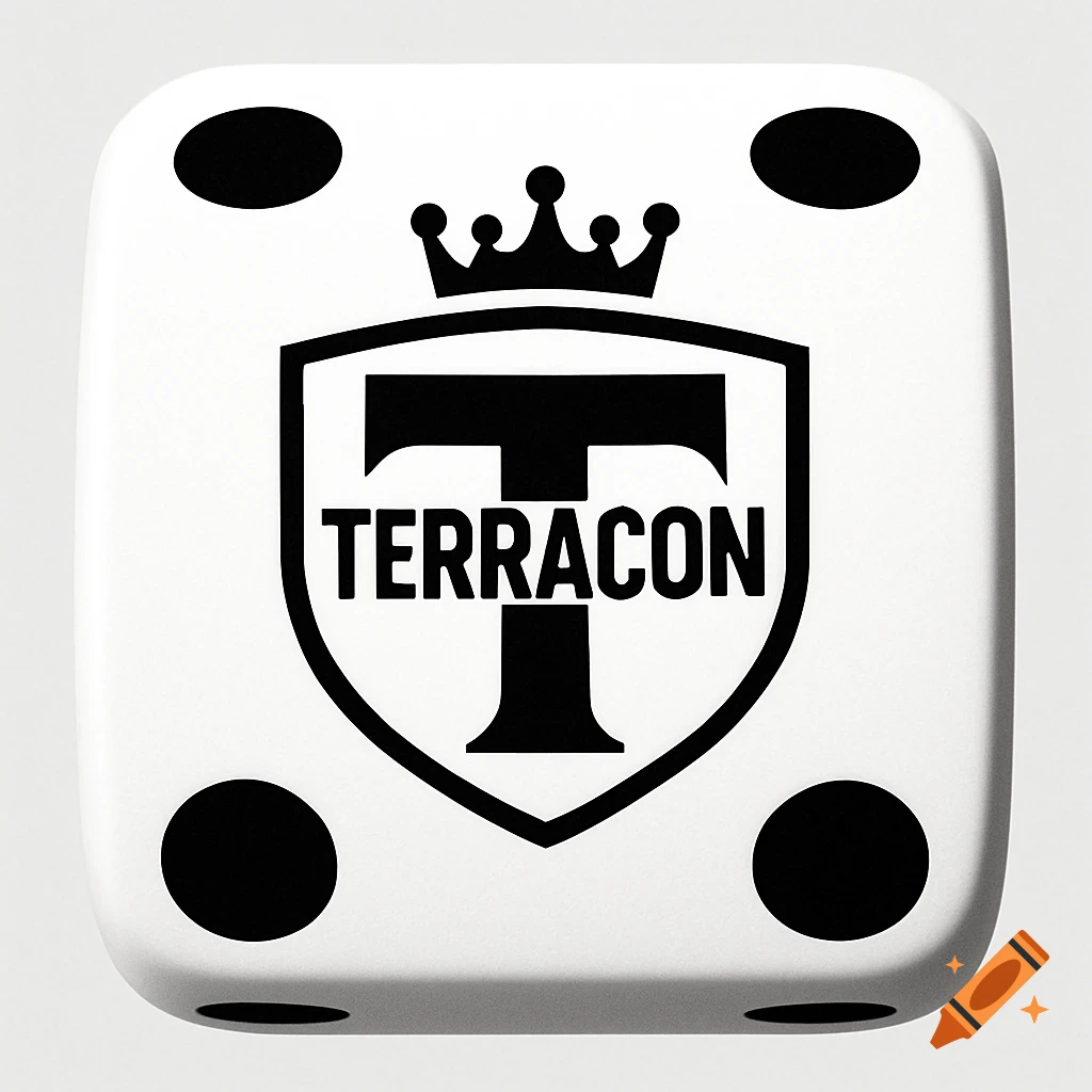 Close-up of a white die with a black logo featuring a crown, shield, large T, and the text TERRACON