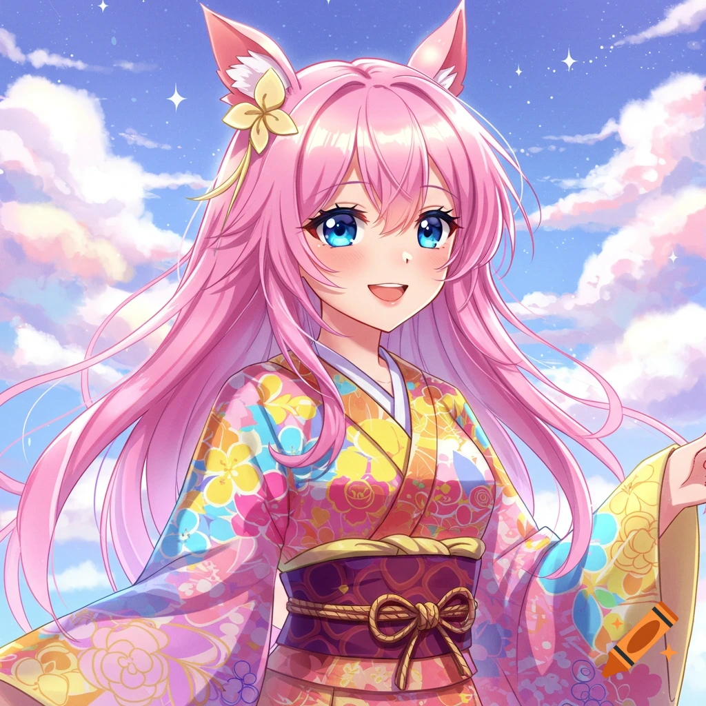 Anime girl with pink hair and cat ears wearing a floral kimono smiling against a cloudy sky