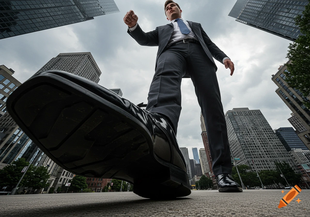 Businessman in a suit steps forward, viewed from ground level in a city.