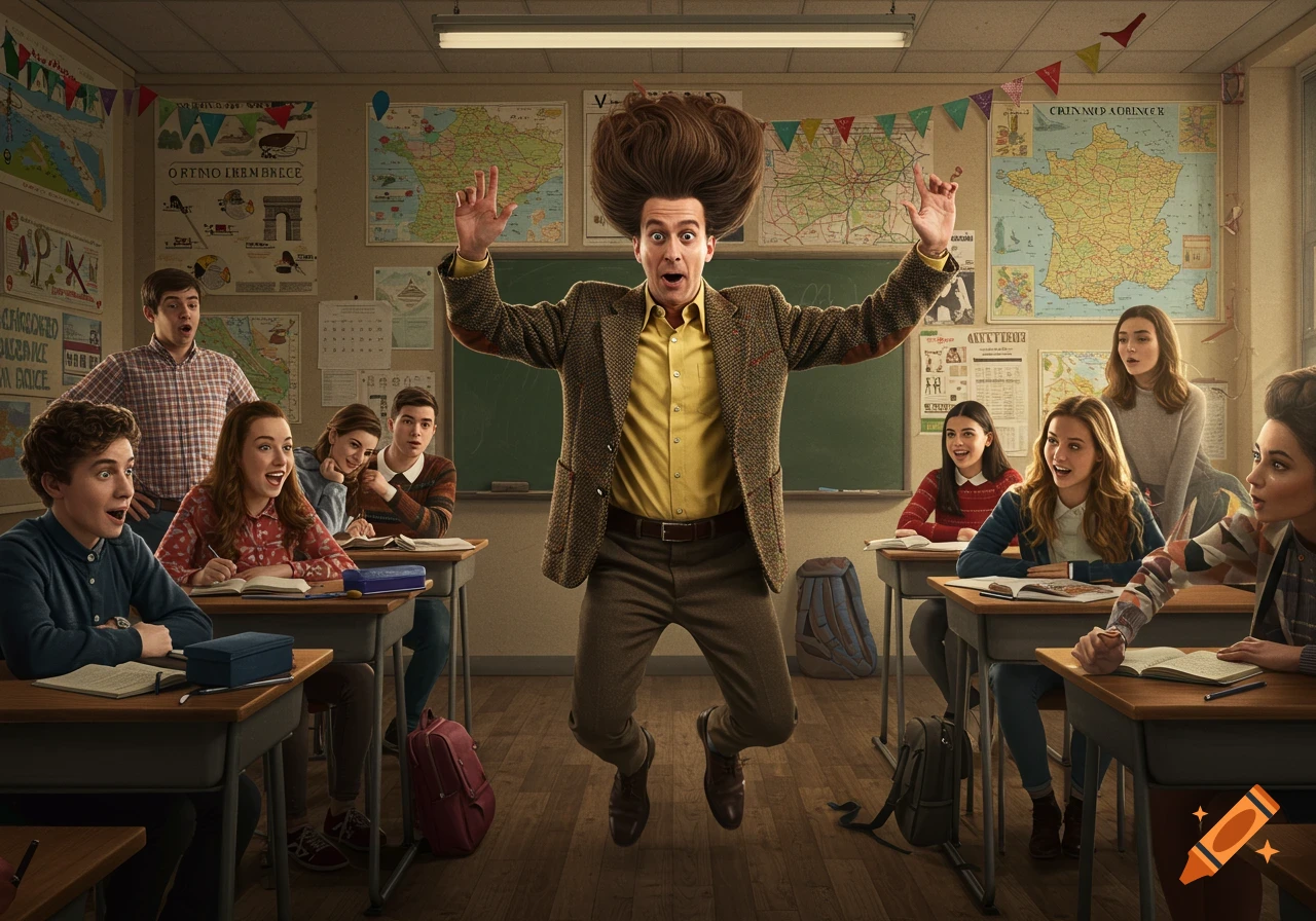 Teacher jumps excitedly in front of shocked students in a classroom
