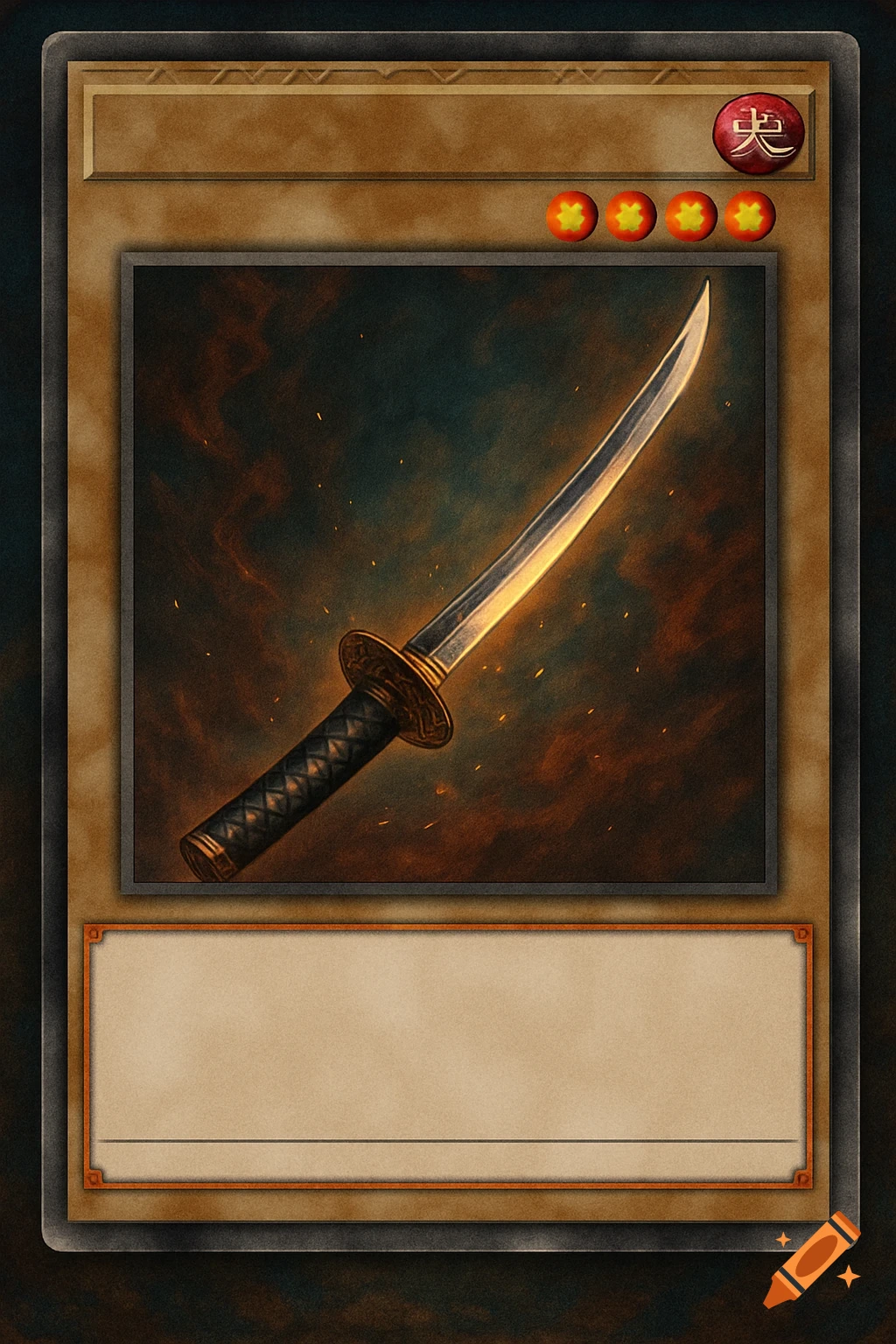 A trading card with a detailed illustration of a glowing katana sword.