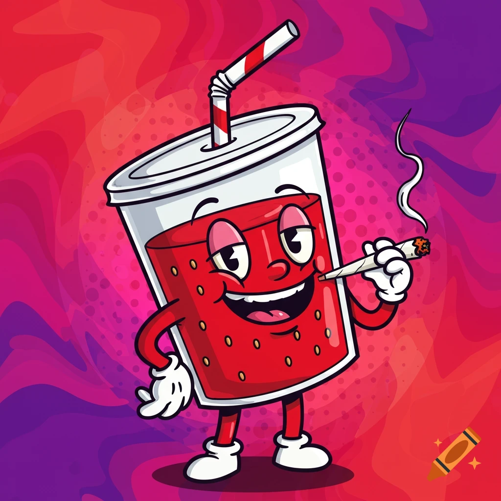 Cartoon drink character smoking a joint with a vibrant background.