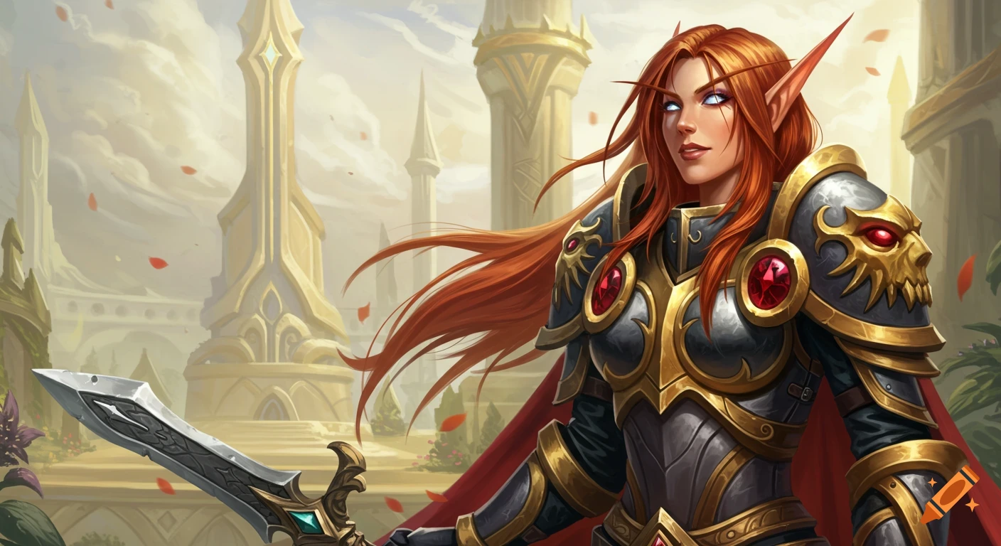 A female blood elf paladin in ornate armor stands with a sword in a fantasy city.