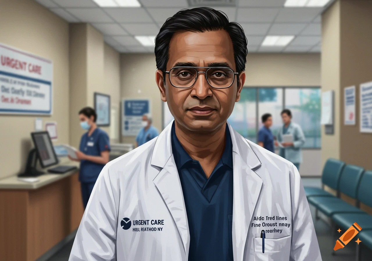 A man in a white lab coat and glasses stands in an urgent care clinic.