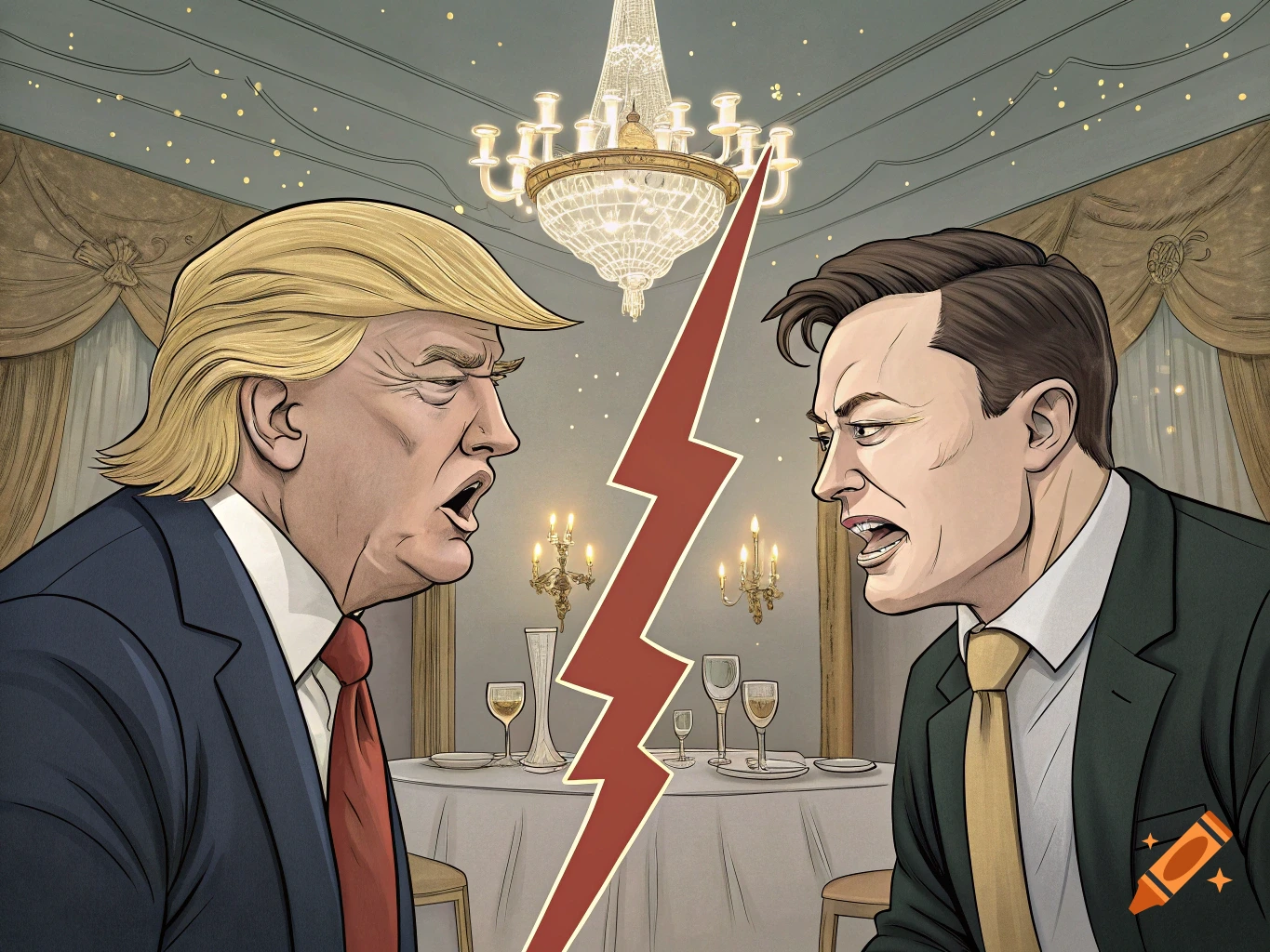 Cartoon of Donald Trump and Elon Musk arguing fiercely, separated by a lightning bolt.
