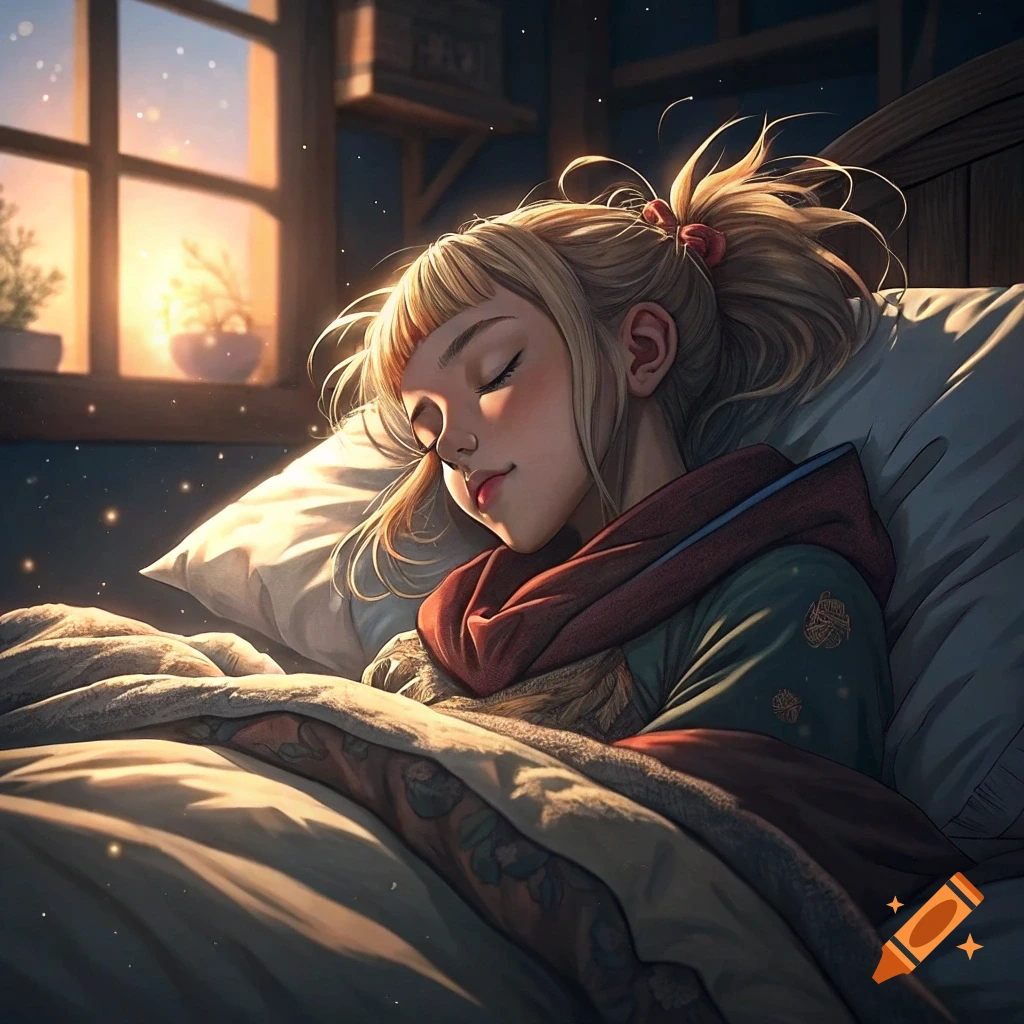 Anime-style illustration of a blonde girl with a ponytail sleeping peacefully in bed, illuminated by light from a window at sunset.