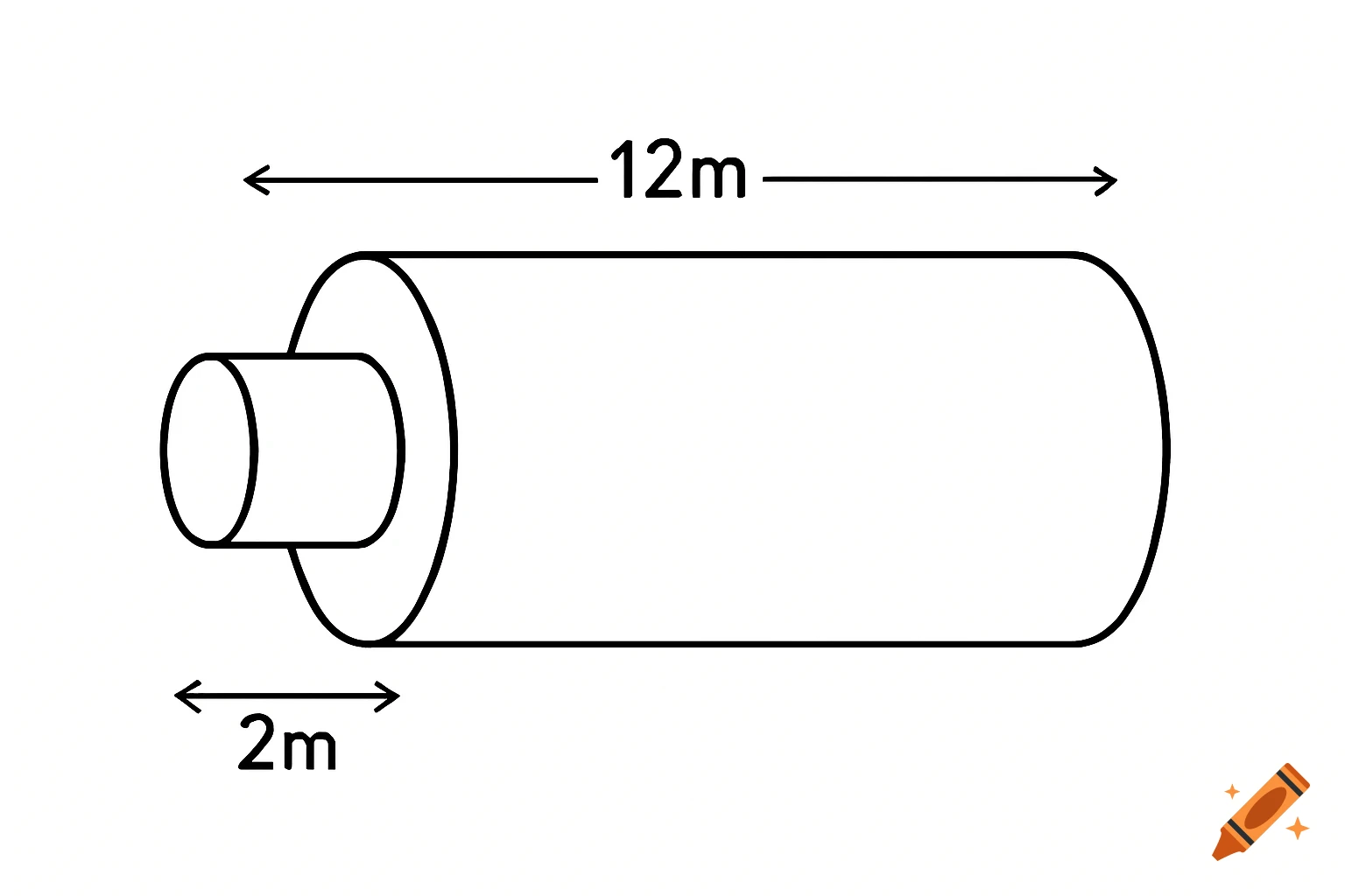 Simple line drawing of two connected cylinders with dimensions 12m and 2m.