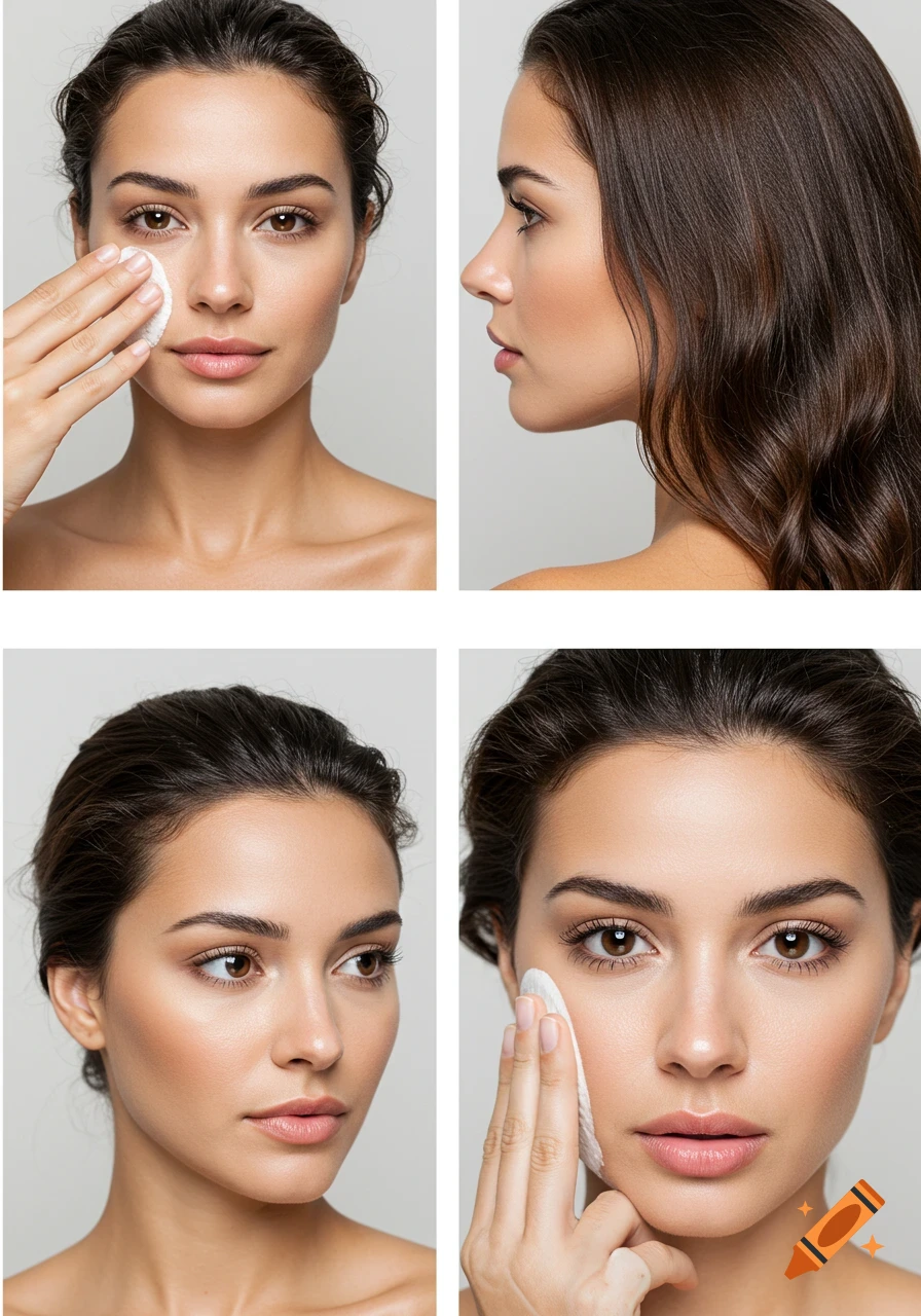 Multiple close-up portraits of a woman applying a cotton pad to her face.