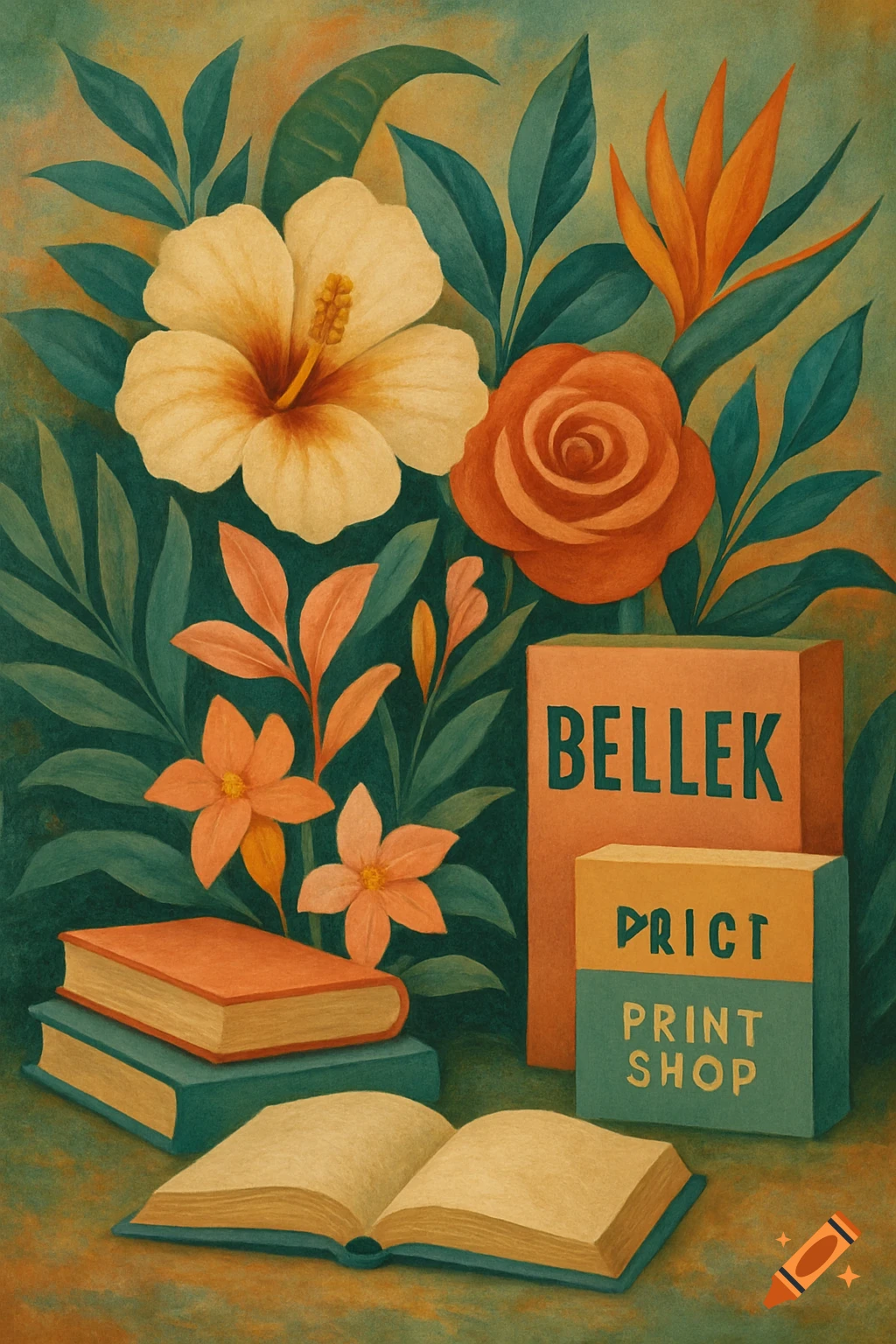 Painted still life of tropical flowers, books, and boxes with text in a vintage style.