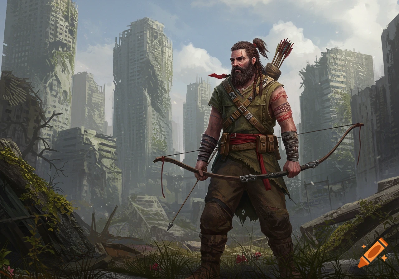 A bearded survivalist with a ponytail holds a bow in a ruined, post ...